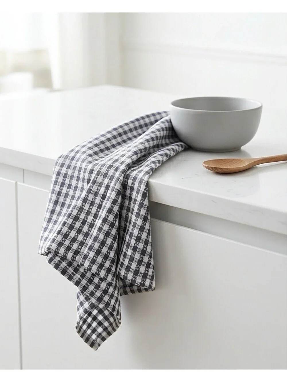 Set of 2 Gray White Checkered Waffle Weave Cotton Kitchen Towels NWOT